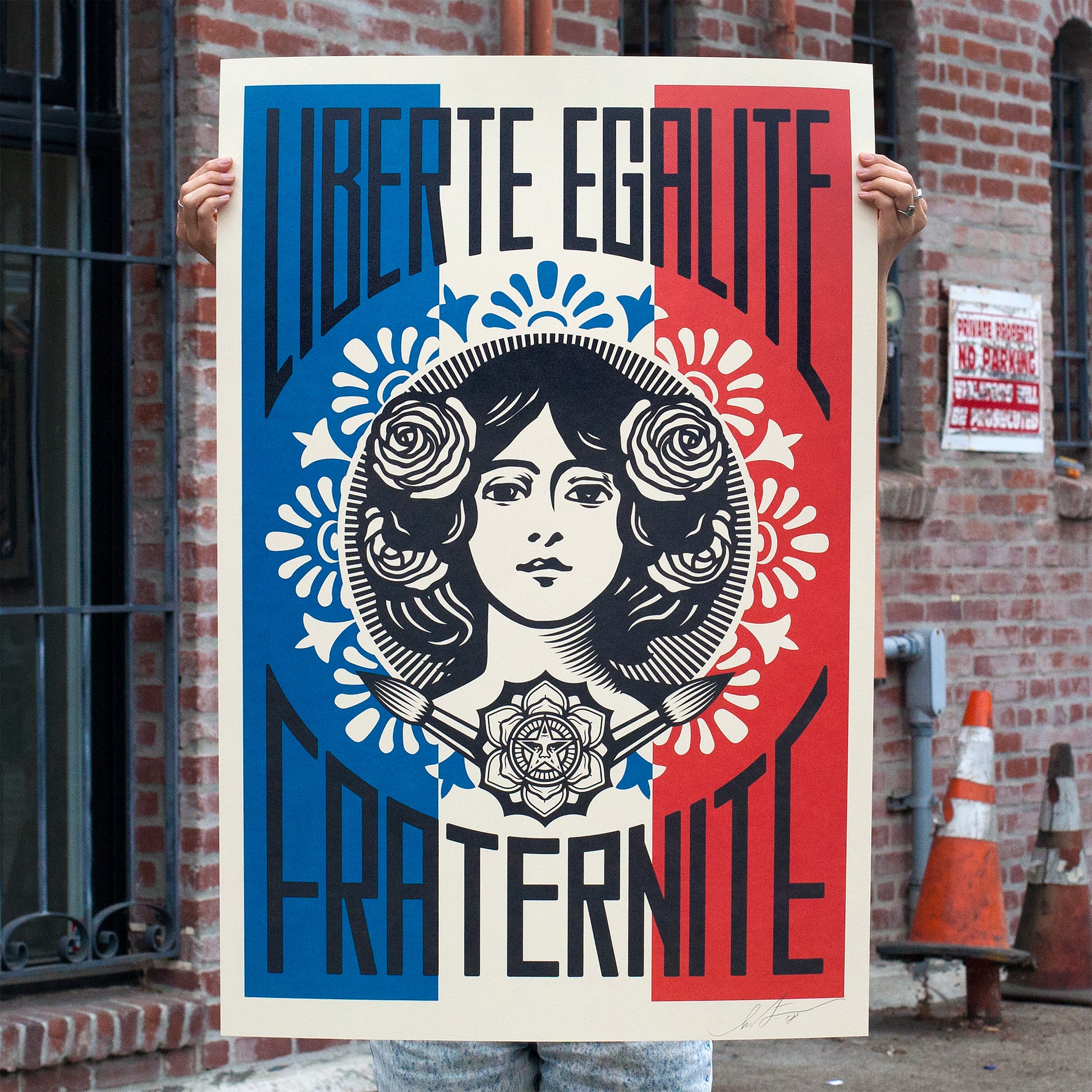 Person holding LIBERTÉ EGALITÉ FRATERNITÉ Signed Offset Lithograph