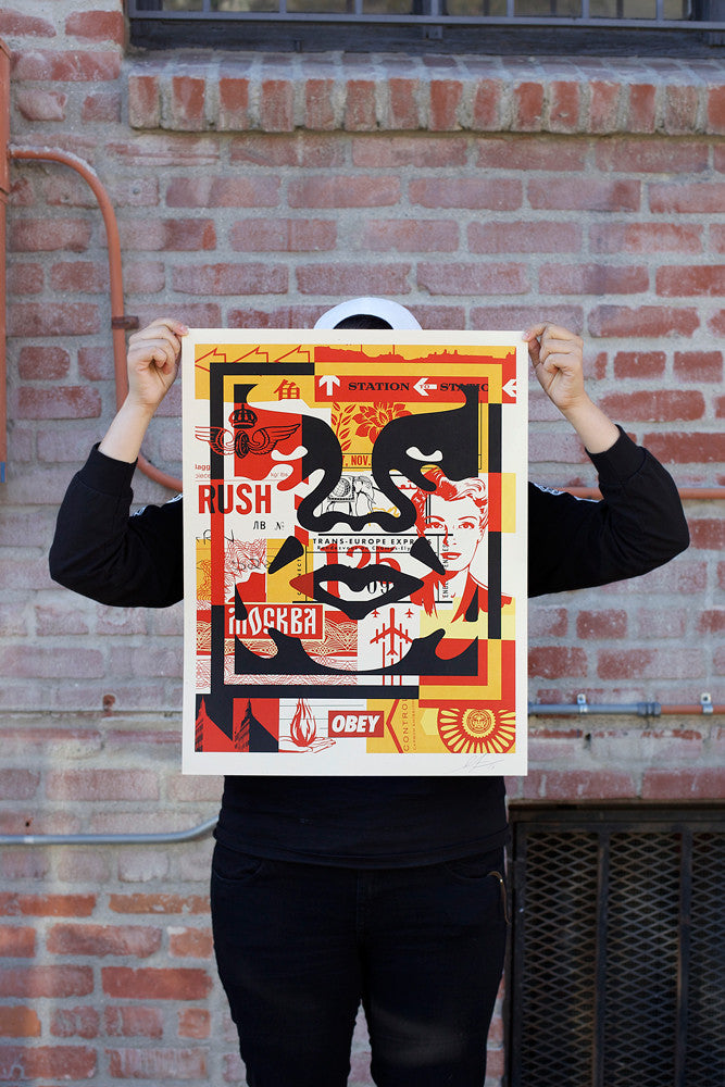 Person holding OBEY 3-FACE COLLAGE 18x24 Signed Offset Lithograph Set second one