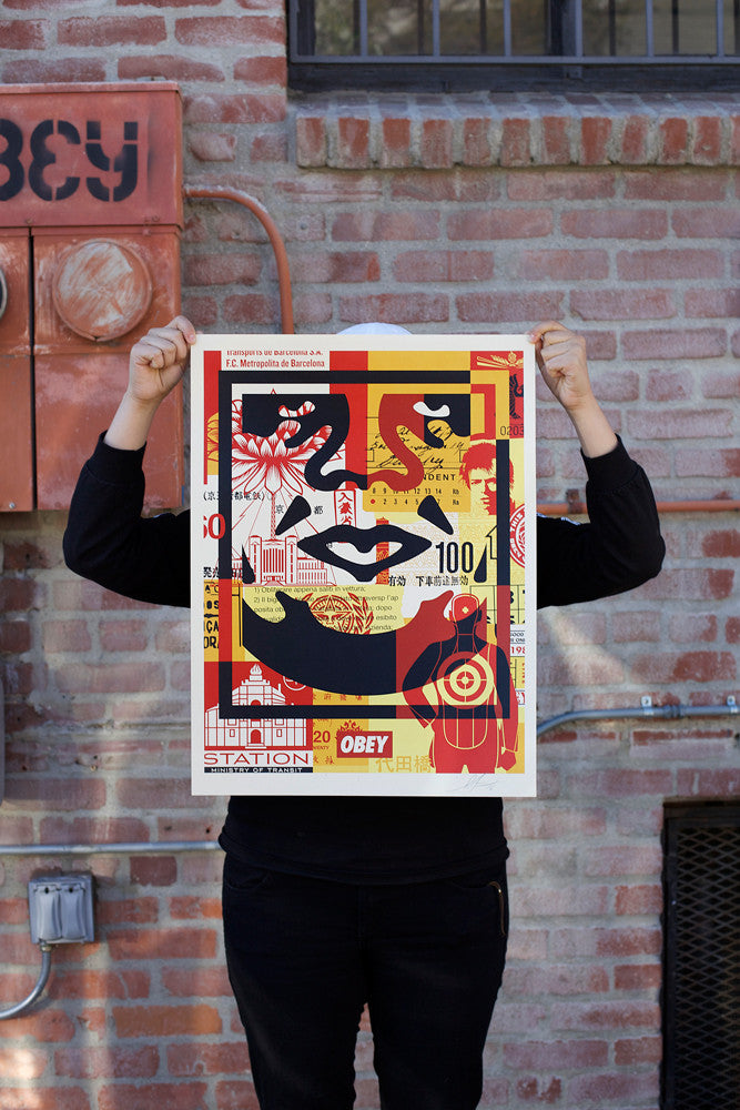 Person holding OBEY 3-FACE COLLAGE 18x24 Signed Offset Lithograph Set third one