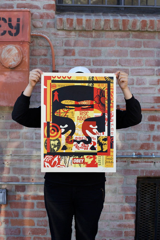 Person holding OBEY 3-FACE COLLAGE 18x24 Signed Offset Lithograph Set first one