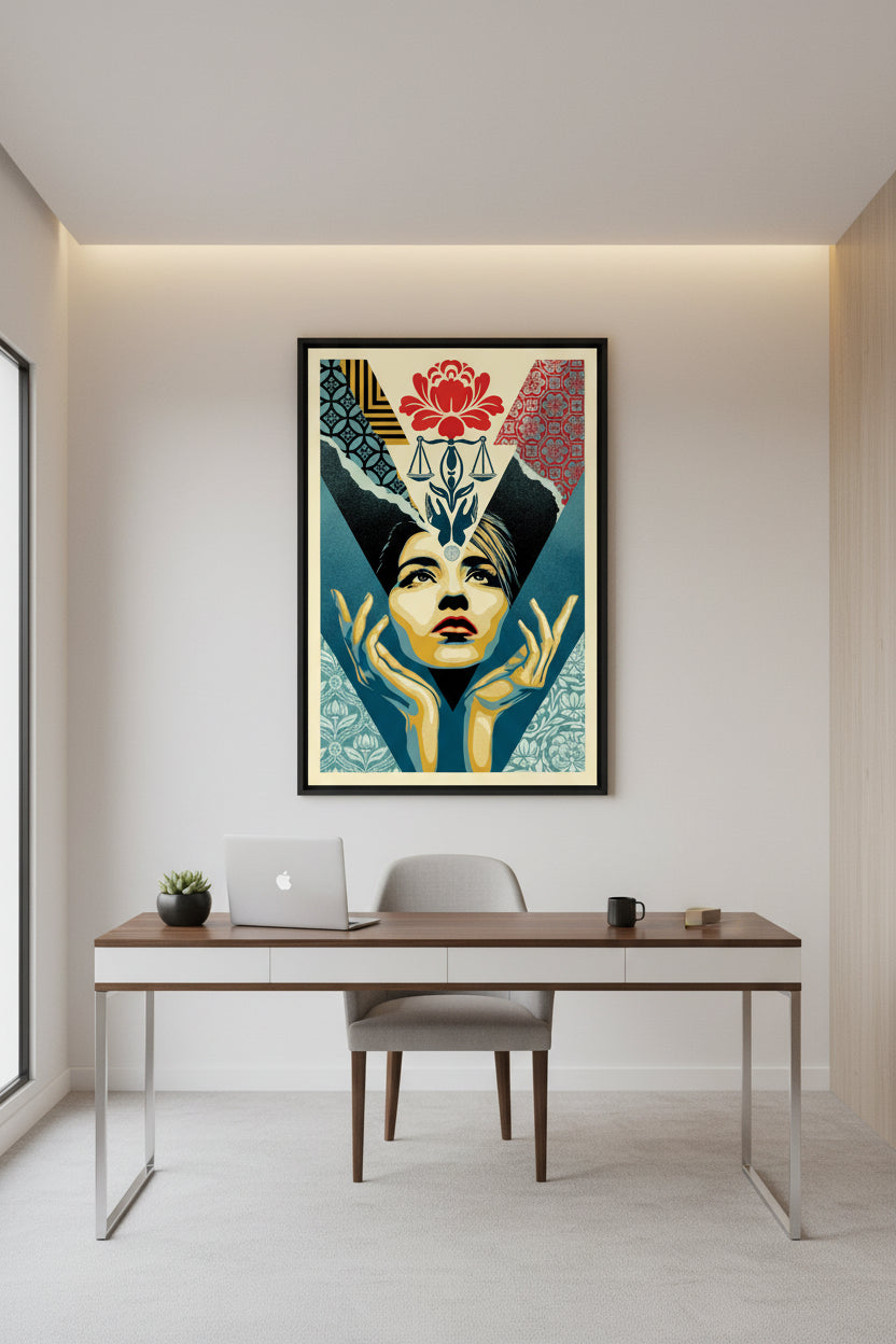 Artistic depiction of a woman's face with geometric patterns and symbols above her head.