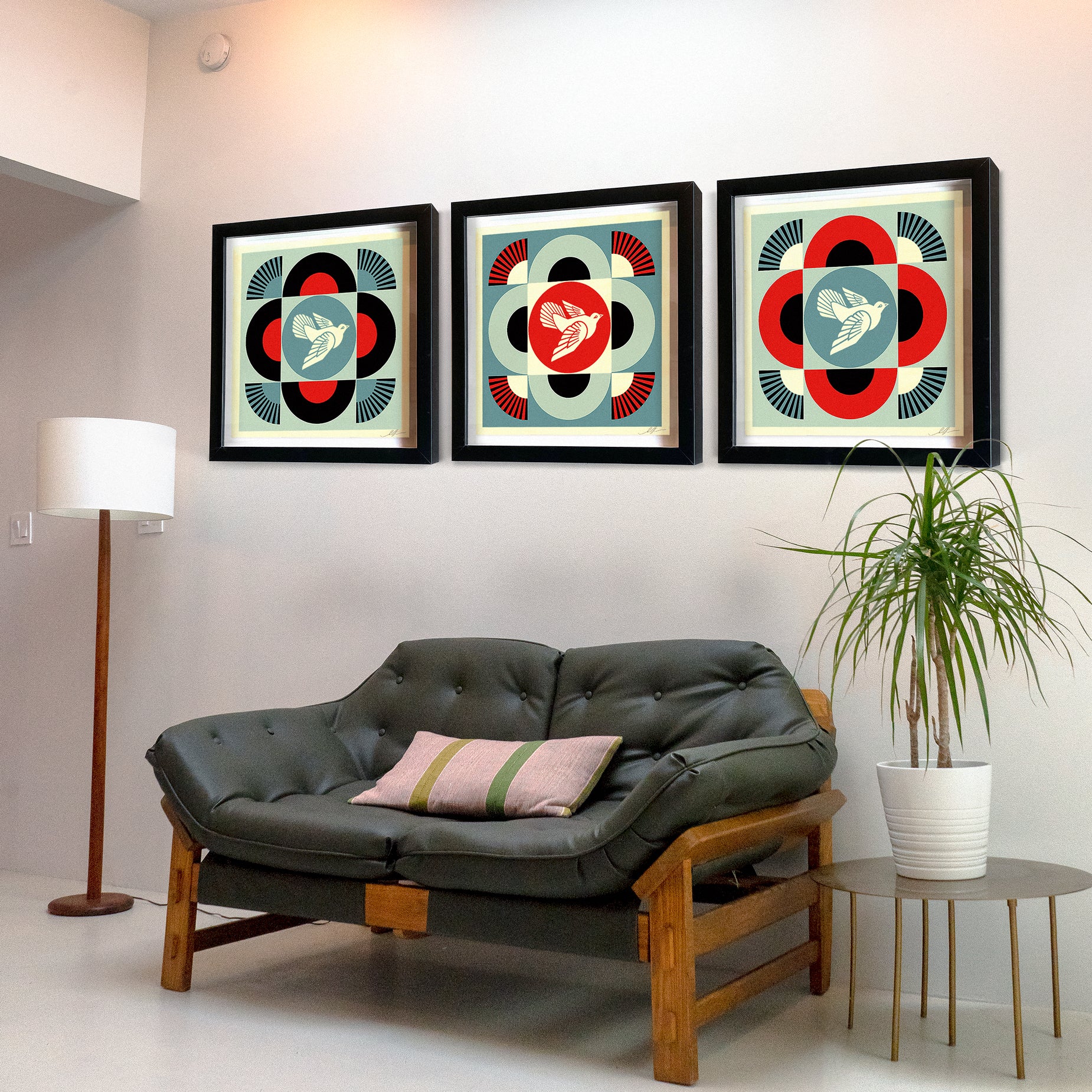 GEOMETRIC DOVE Signed Offset Lithograph Set hung on wall
