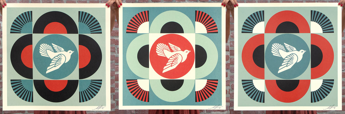 Shepard Fairey factory RED Geometric Dove HAND SIGNED Obey Giant Offset Lithograph Art