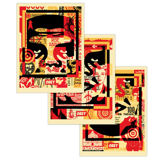 OBEY 3-FACE COLLAGE 18x24 Signed Offset Lithograph Set stacked offset